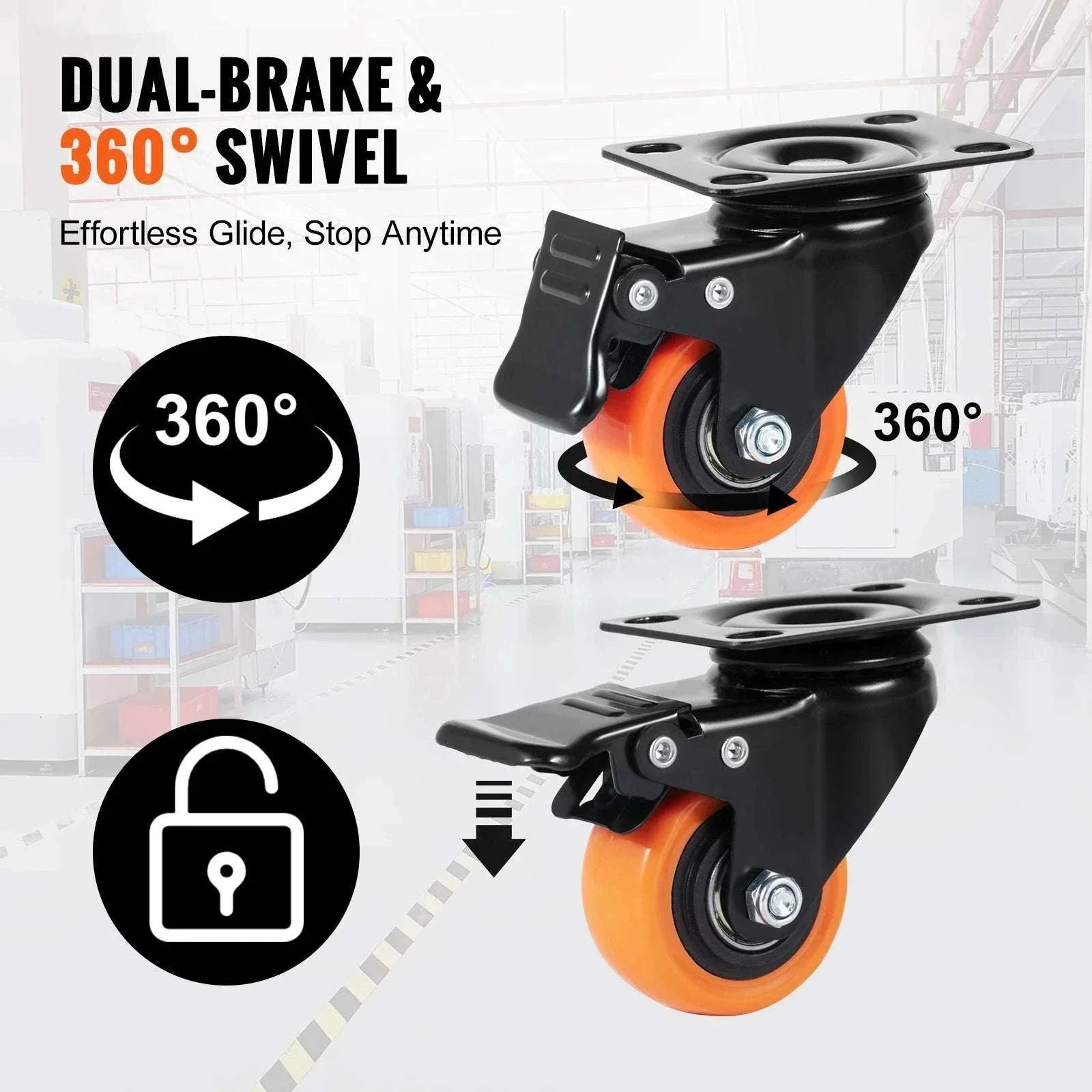 Swivel Plate Caster Wheels Set of 4 with Dual Lock Brakes - Image 3