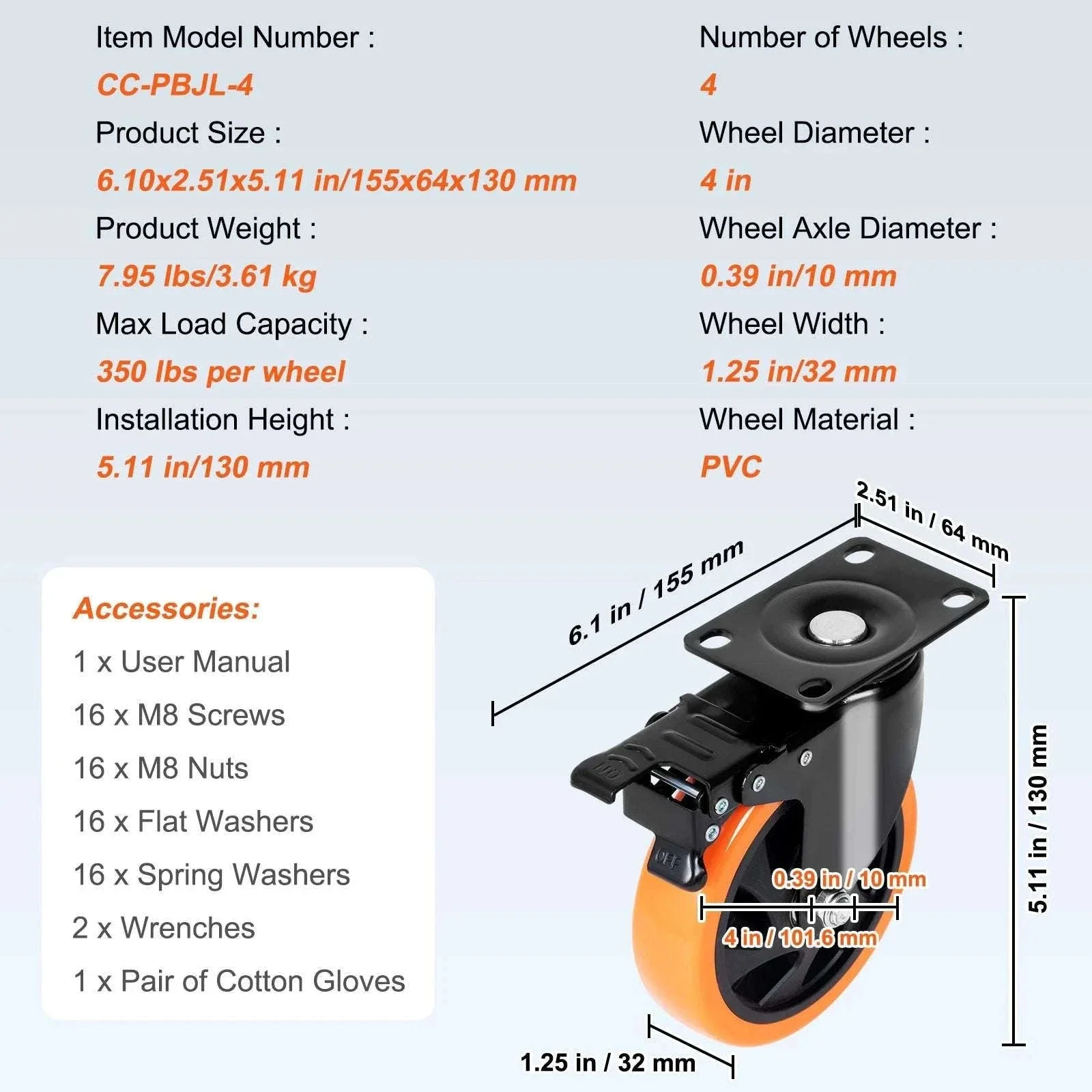 Heavy Duty Swivel Caster Wheels Set with Brake for Furniture & Workbench - Image 21