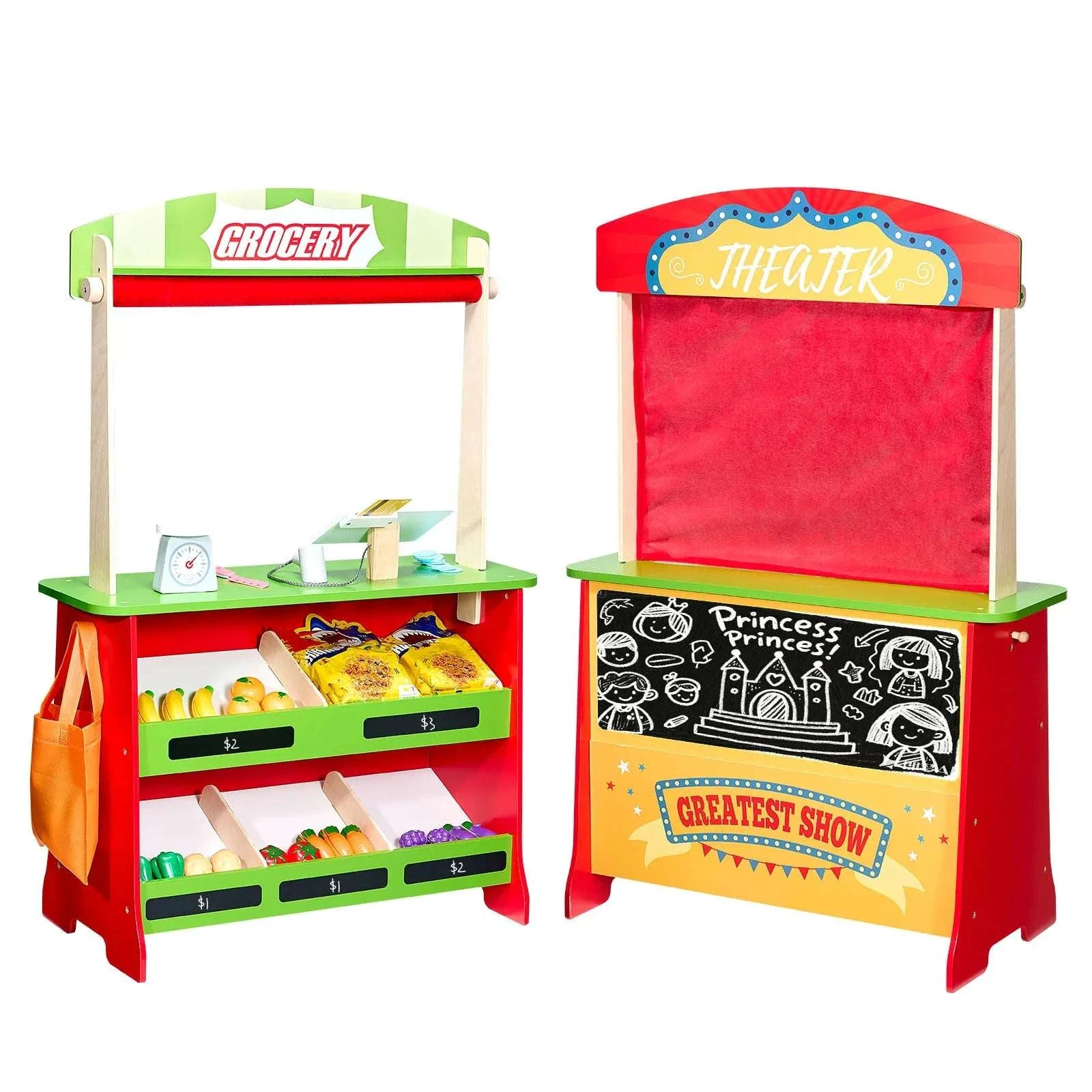 2-in-1 Wooden Kids Grocery Store & Puppet Theater Playset