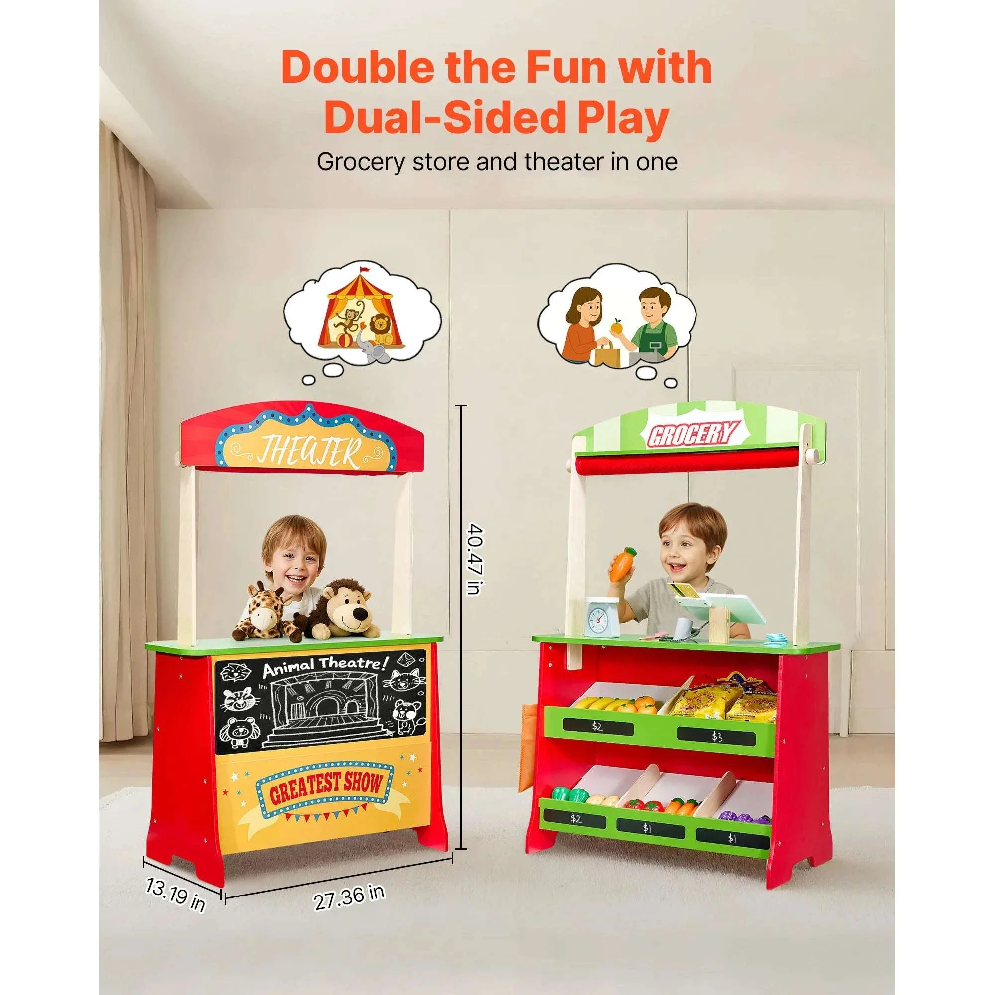 2-in-1 Wooden Kids Grocery Store & Puppet Theater Playset - Image 2