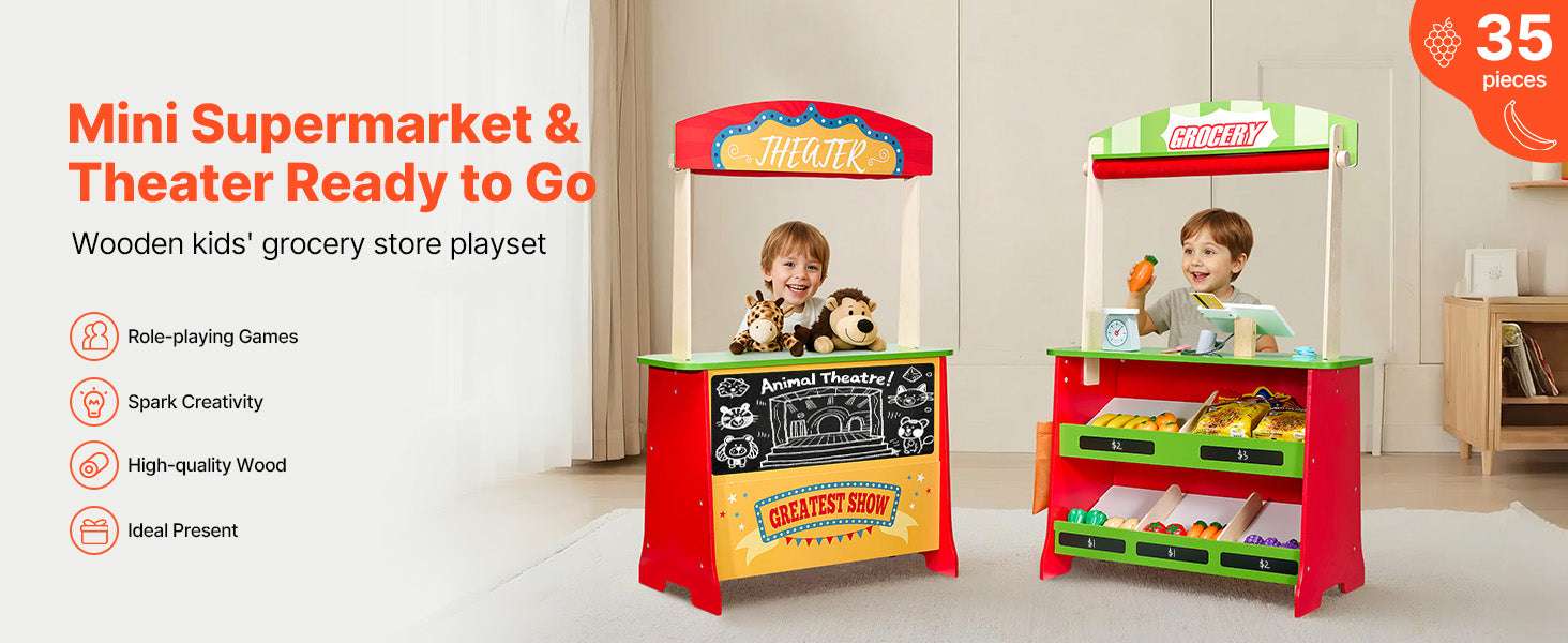2-in-1 Wooden Kids Grocery Store & Puppet Theater Playset - Image 8