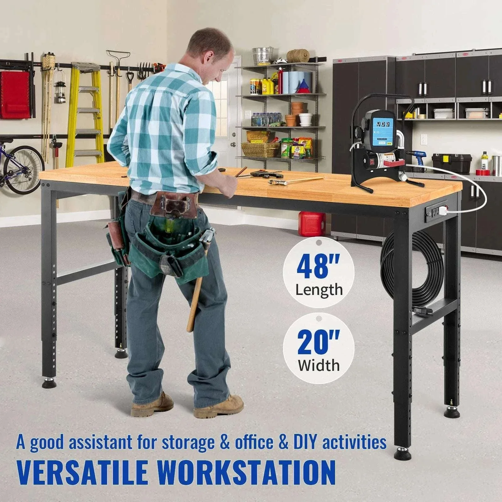 Adjustable Garage Workbench 2000 lbs Hardwood Top Work Table - Image 2