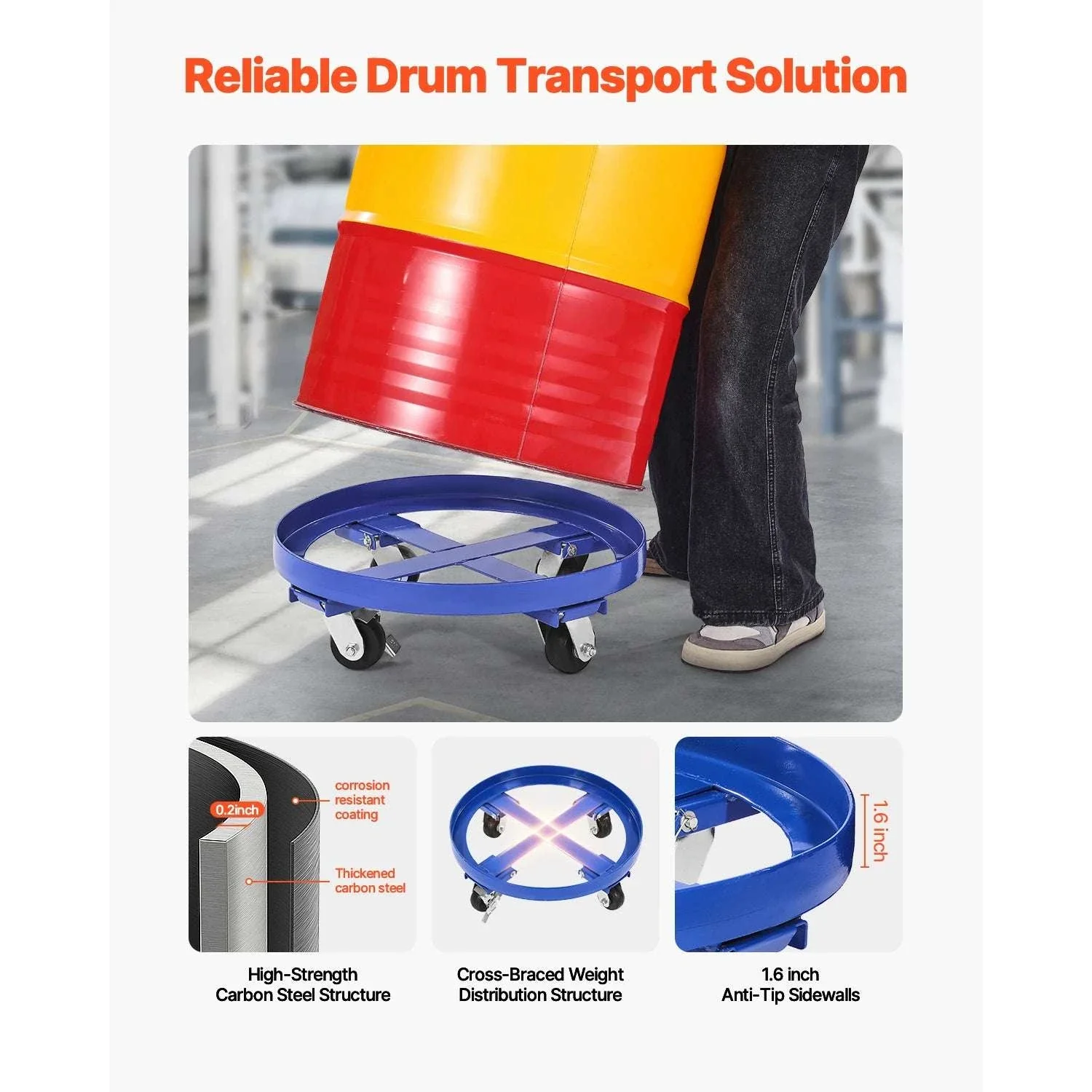 2000 lb Drum Dolly for 55 Gallon Barrels with Swivel Wheels - Image 3