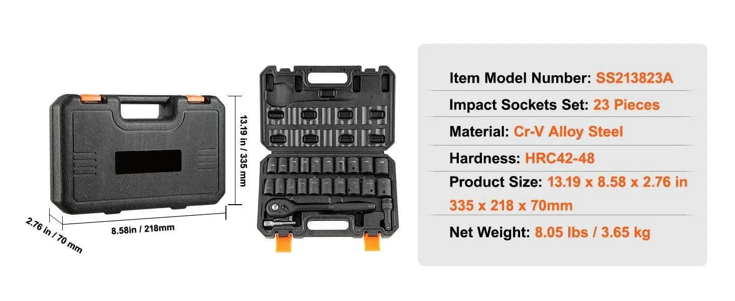 23-Piece 1/2" Impact Socket Set SAE & Metric Cr-V Steel Kit - Image 13