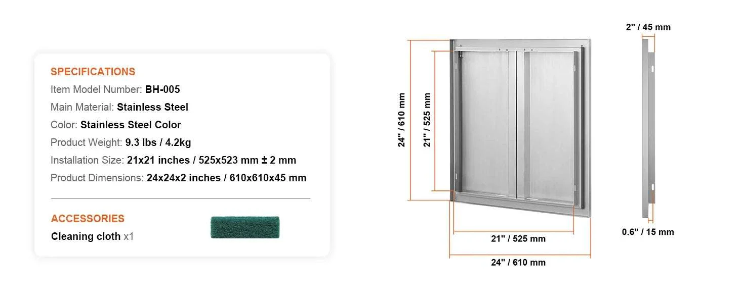 24x24 Inch Stainless Steel BBQ Access Door with Recessed Handles - Image 13
