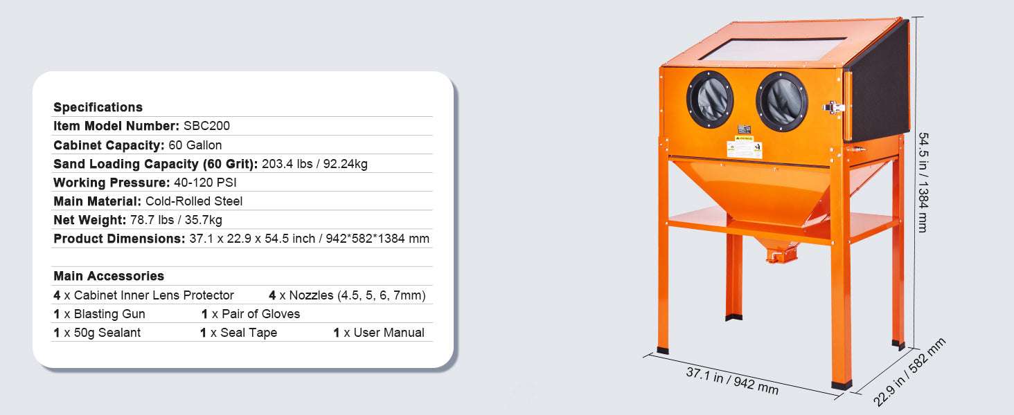 Benchtop Sandblasting Cabinet 25/40/60 Gallon with Gun & Nozzles - Image 15