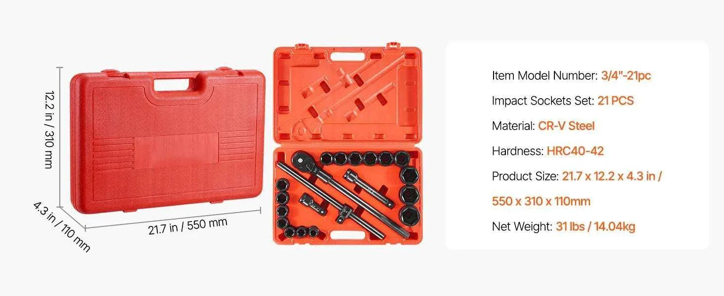3/4" Drive Impact Socket Set 21PCS SAE Cr-V Steel with Case - Image 13
