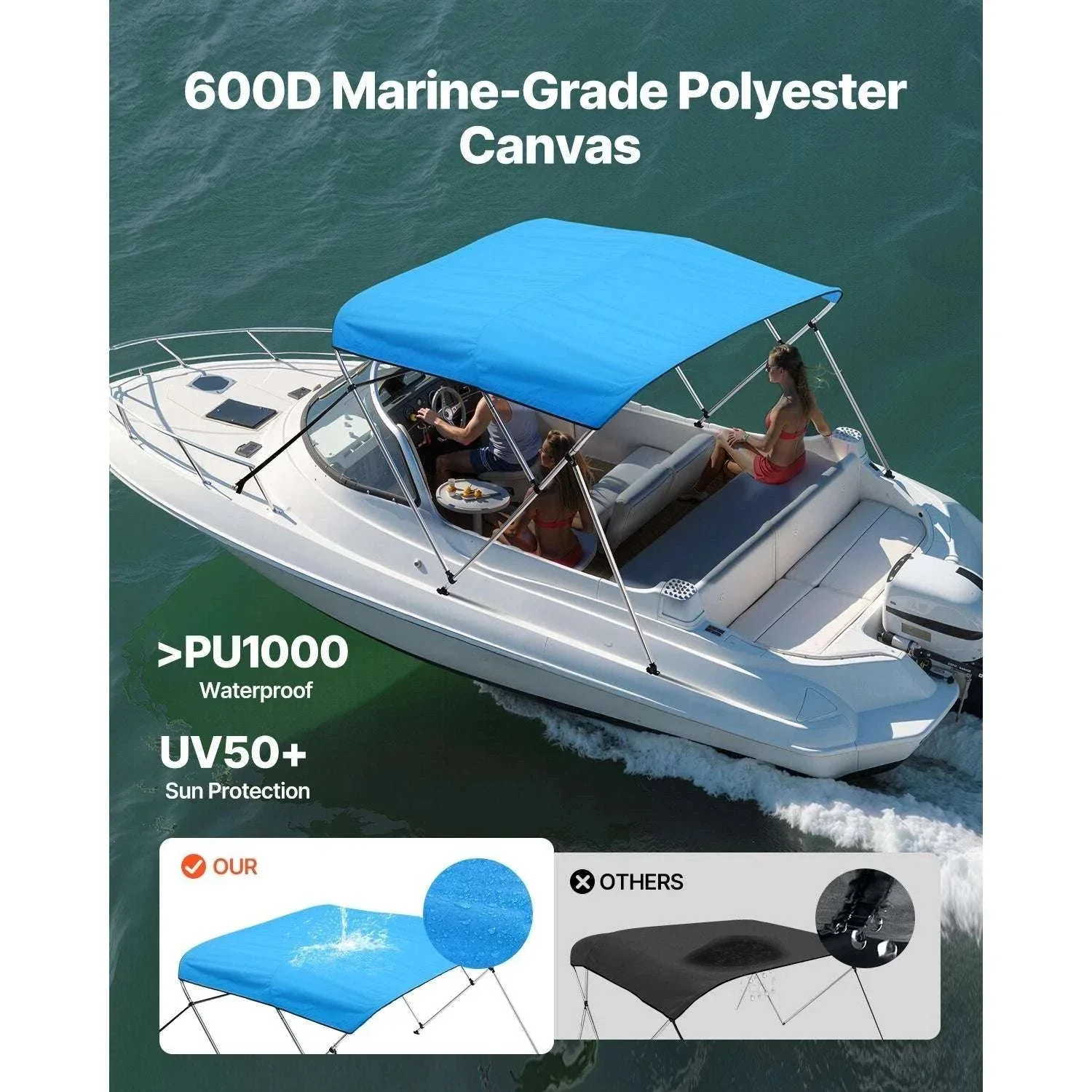 3 Bow Boat Bimini Top 600D Waterproof Sun Shade Canopy - Image 2