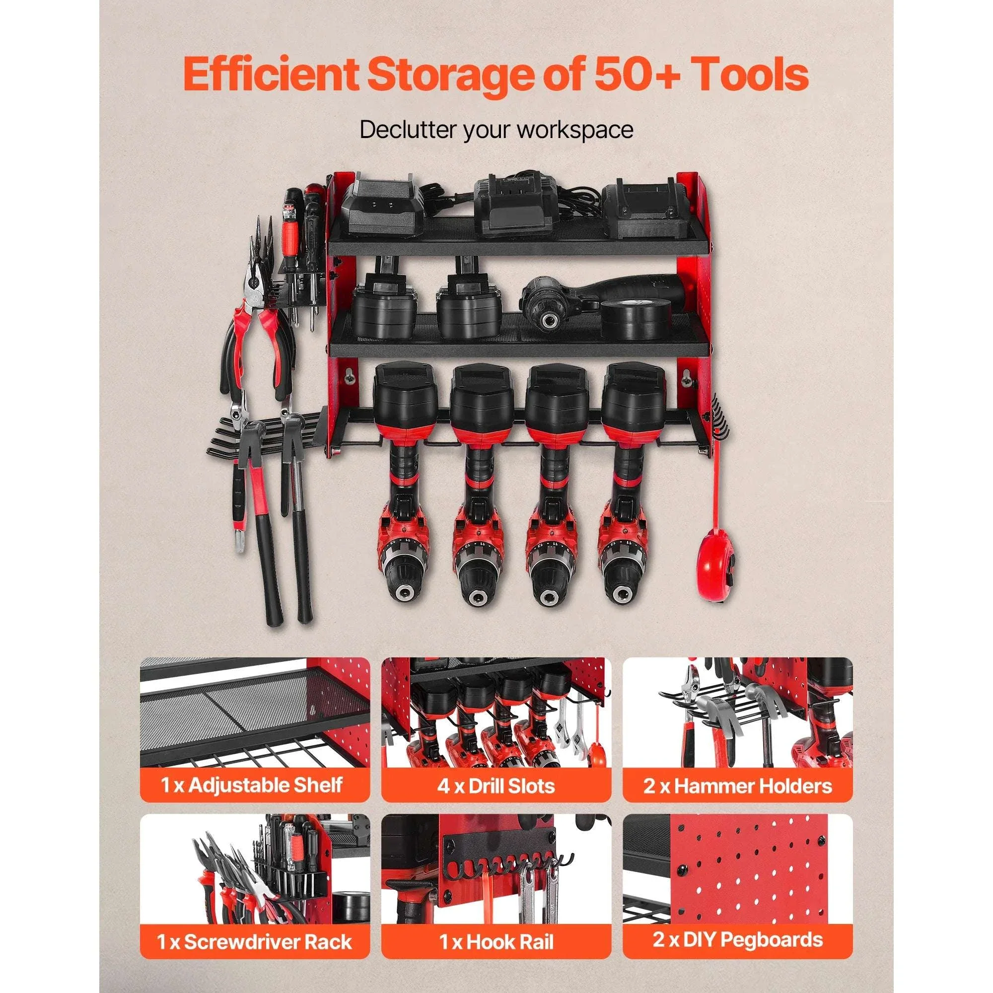 3-Tier Power Tool Organizer Wall Mount Rack with Drill Storage - Image 4
