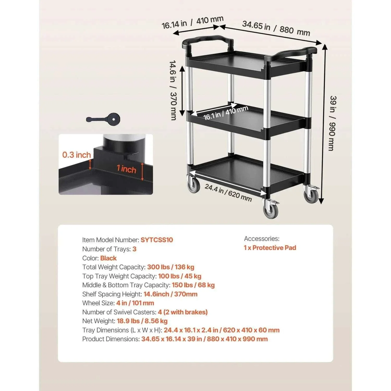 3-Tier Rolling Utility Cart with Wheels, Heavy-Duty Storage Trolley - Image 23
