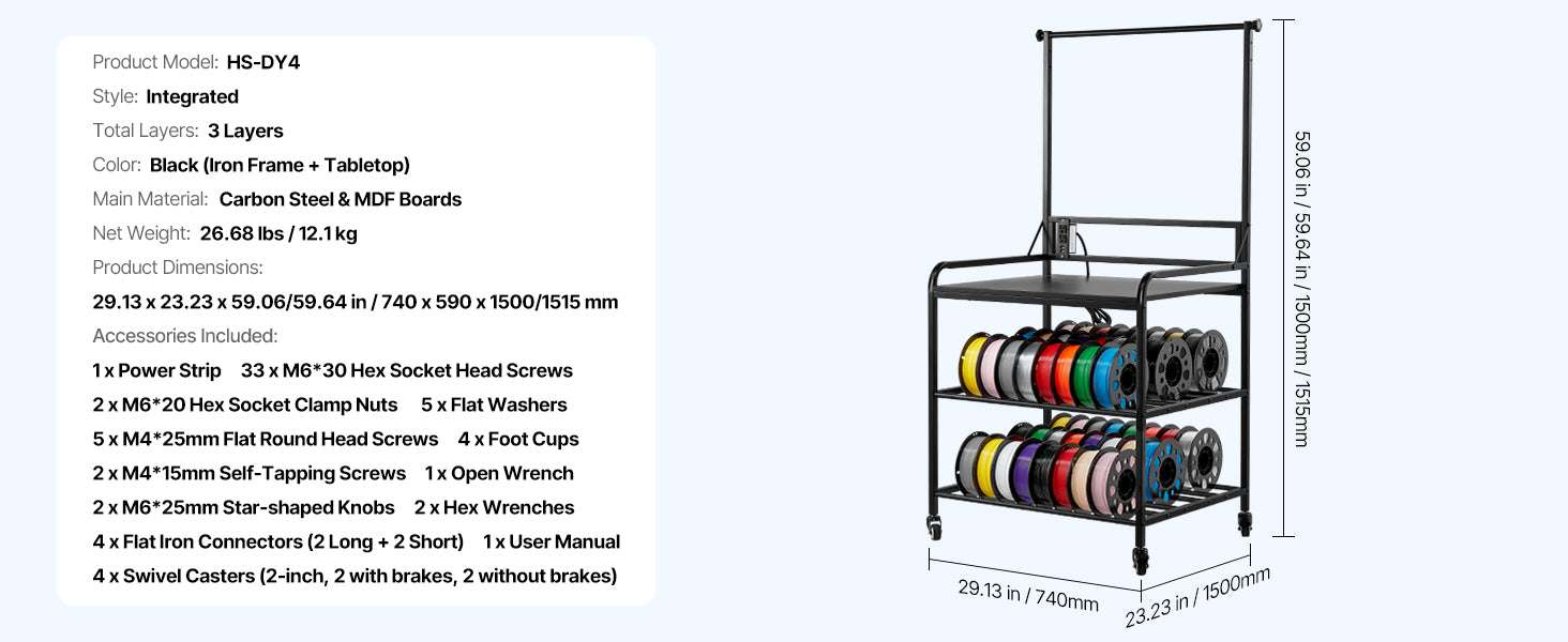 3-Tier 3D Printer Filament Storage Rack with Wheels & Power - Image 13