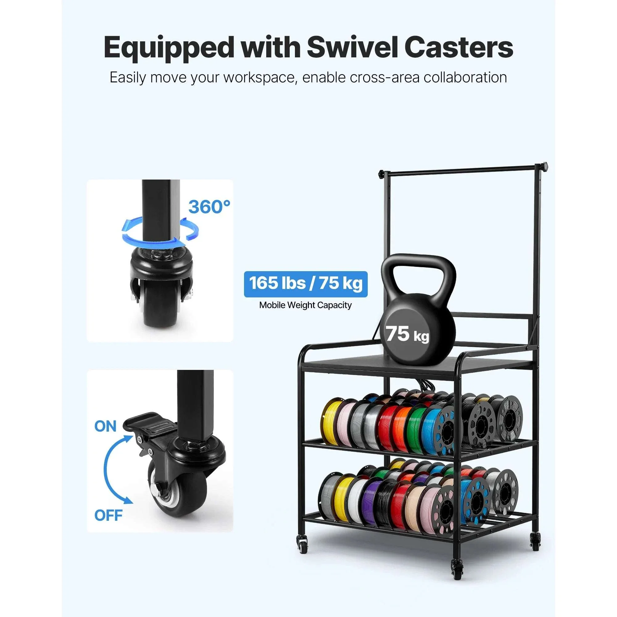 3-Tier 3D Printer Filament Storage Rack with Wheels & Power - Image 3