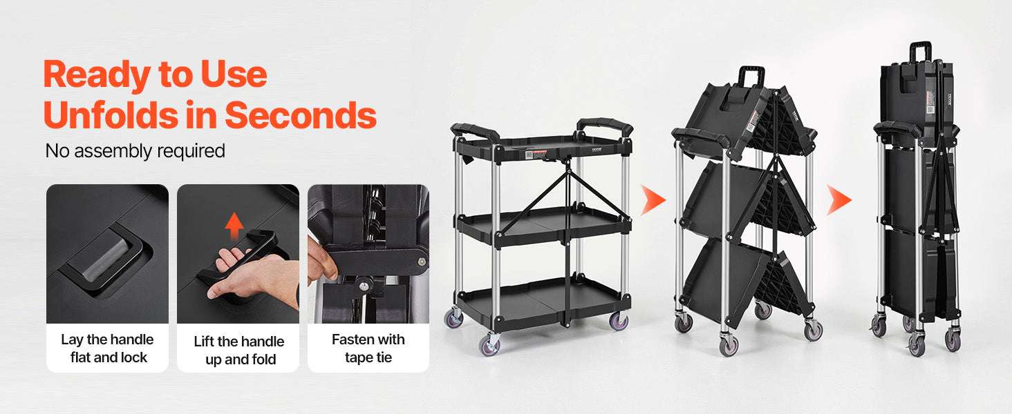 3-Tier Folding Rolling Utility Cart with Wheels, 165lb Capacity - Image 10