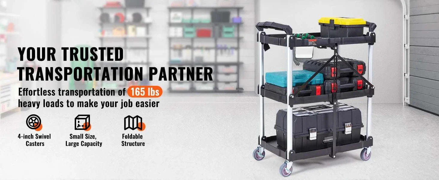 3-Tier Folding Rolling Utility Cart with Wheels, 165lb Capacity - Image 8