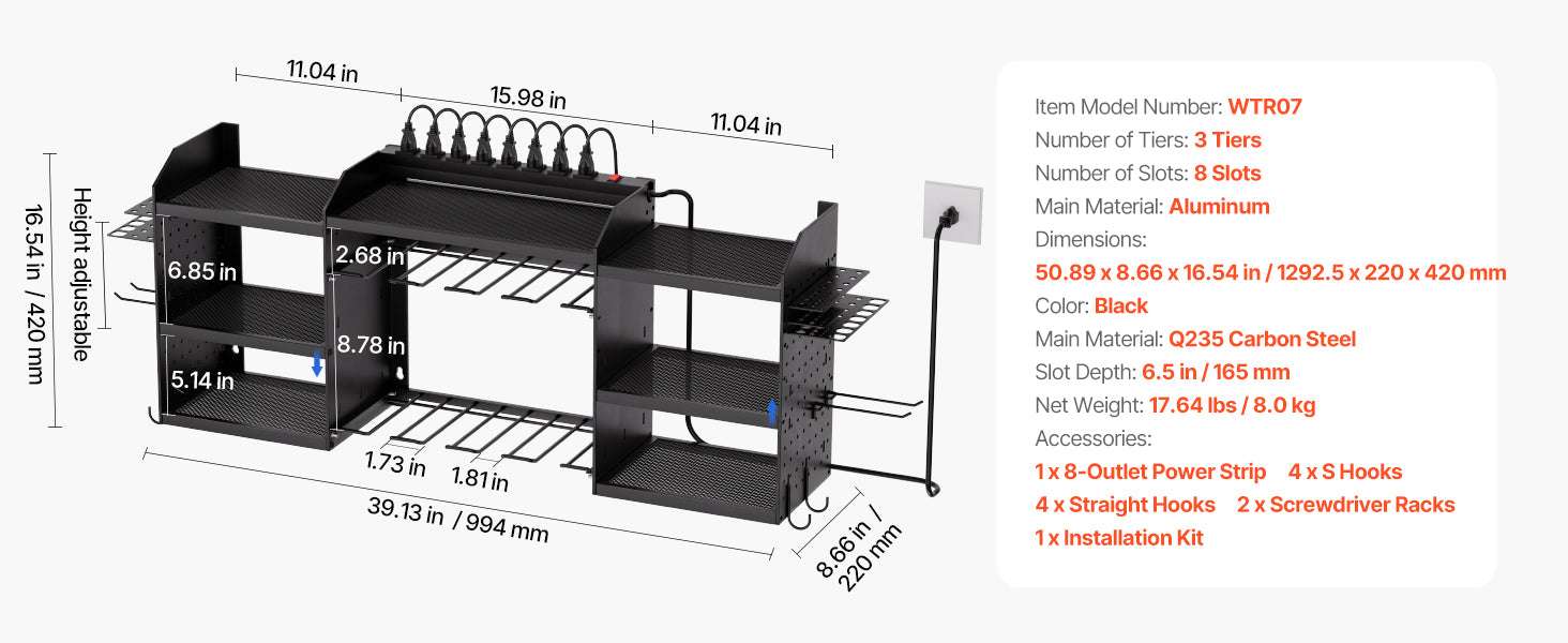 3-Tier Power Tool Organizer with 8-Outlet Charging Station Rack - Image 13