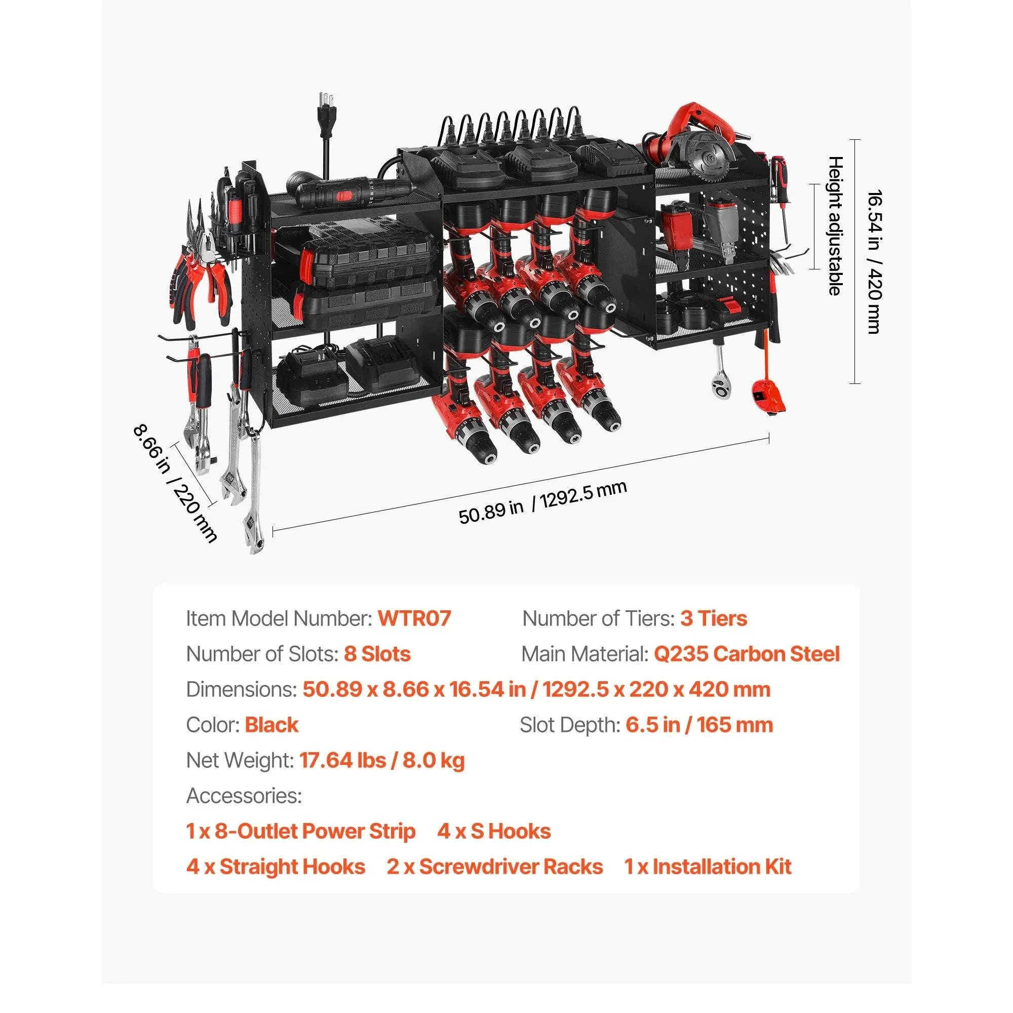3-Tier Power Tool Organizer with 8-Outlet Charging Station Rack - Image 14