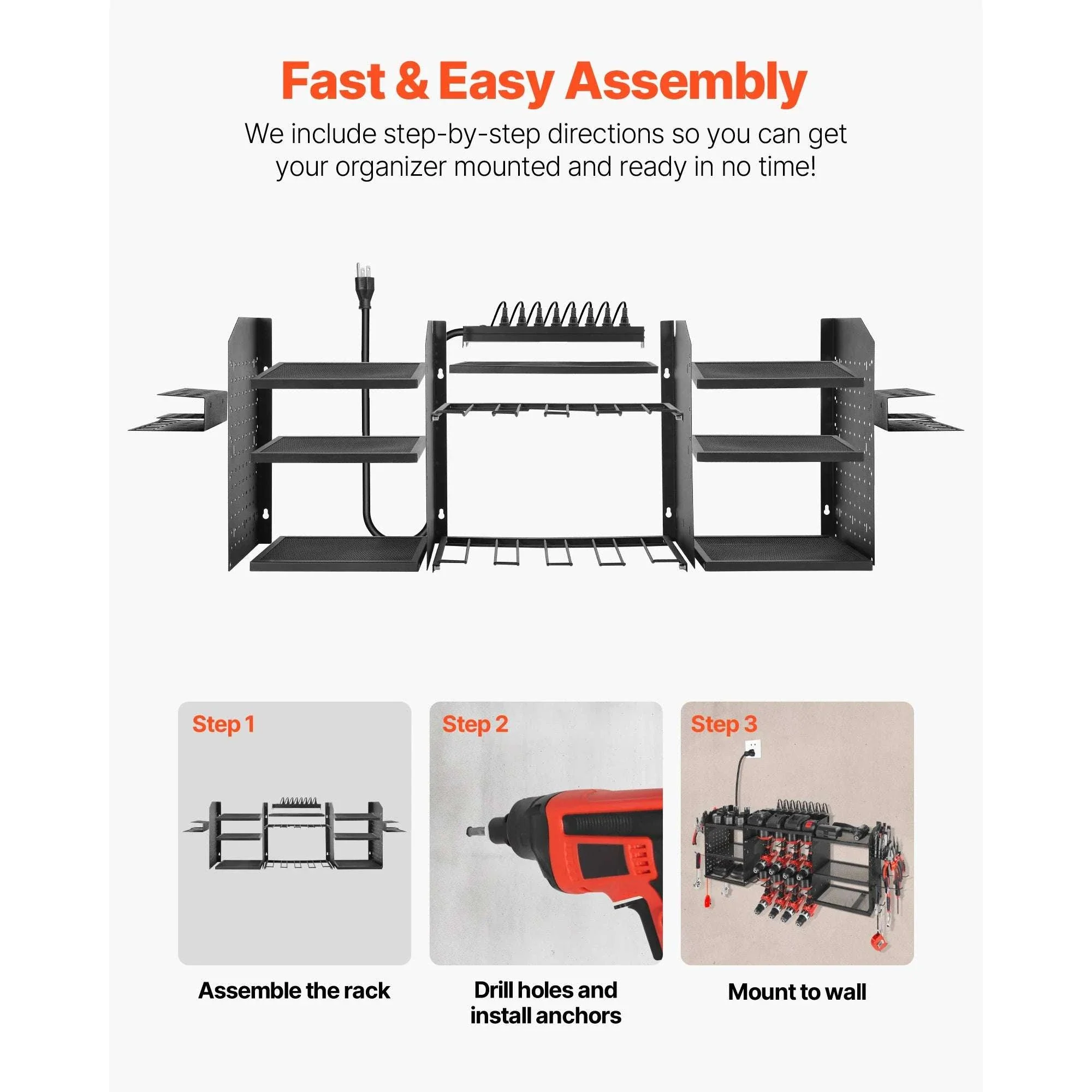 3-Tier Power Tool Organizer with 8-Outlet Charging Station Rack - Image 6