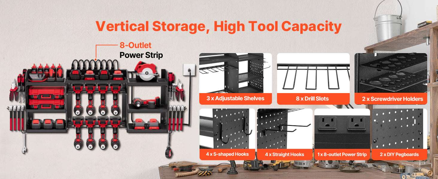 3-Tier Power Tool Organizer with 8-Outlet Charging Station Rack - Image 9