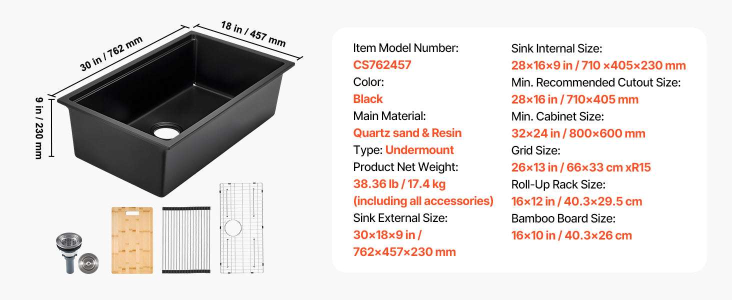 30/33 Inch Granite Kitchen Sink Workstation Single Bowl Undermount - Image 15