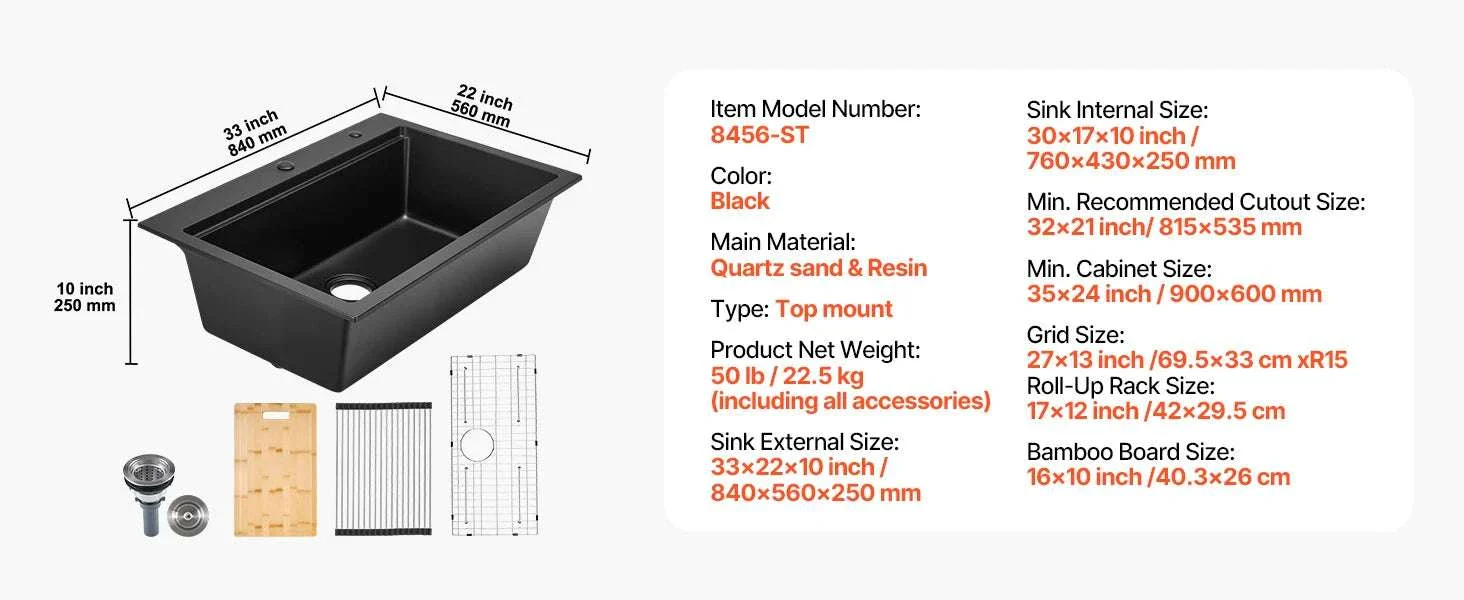 30/33 Inch Granite Kitchen Sink Workstation Single Bowl Undermount - Image 17