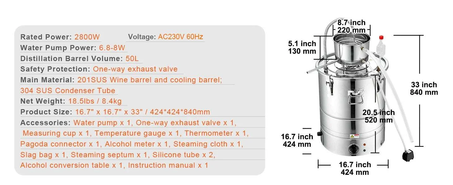 30/50L Stainless Steel Alcohol Distiller with Electric Heating - Image 13