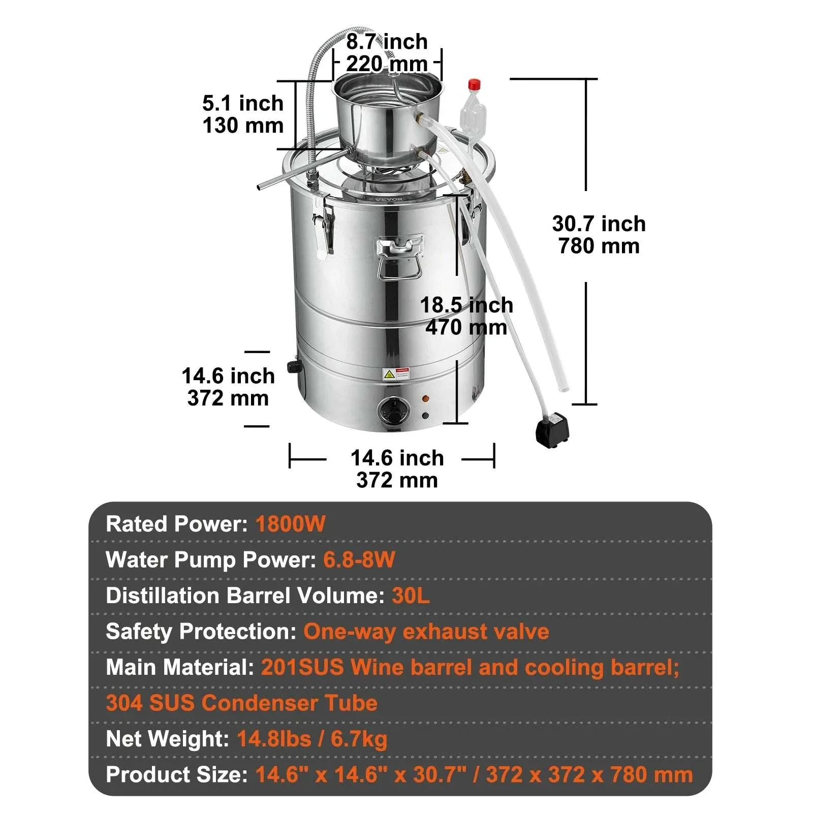 30/50L Stainless Steel Alcohol Distiller with Electric Heating - Image 15