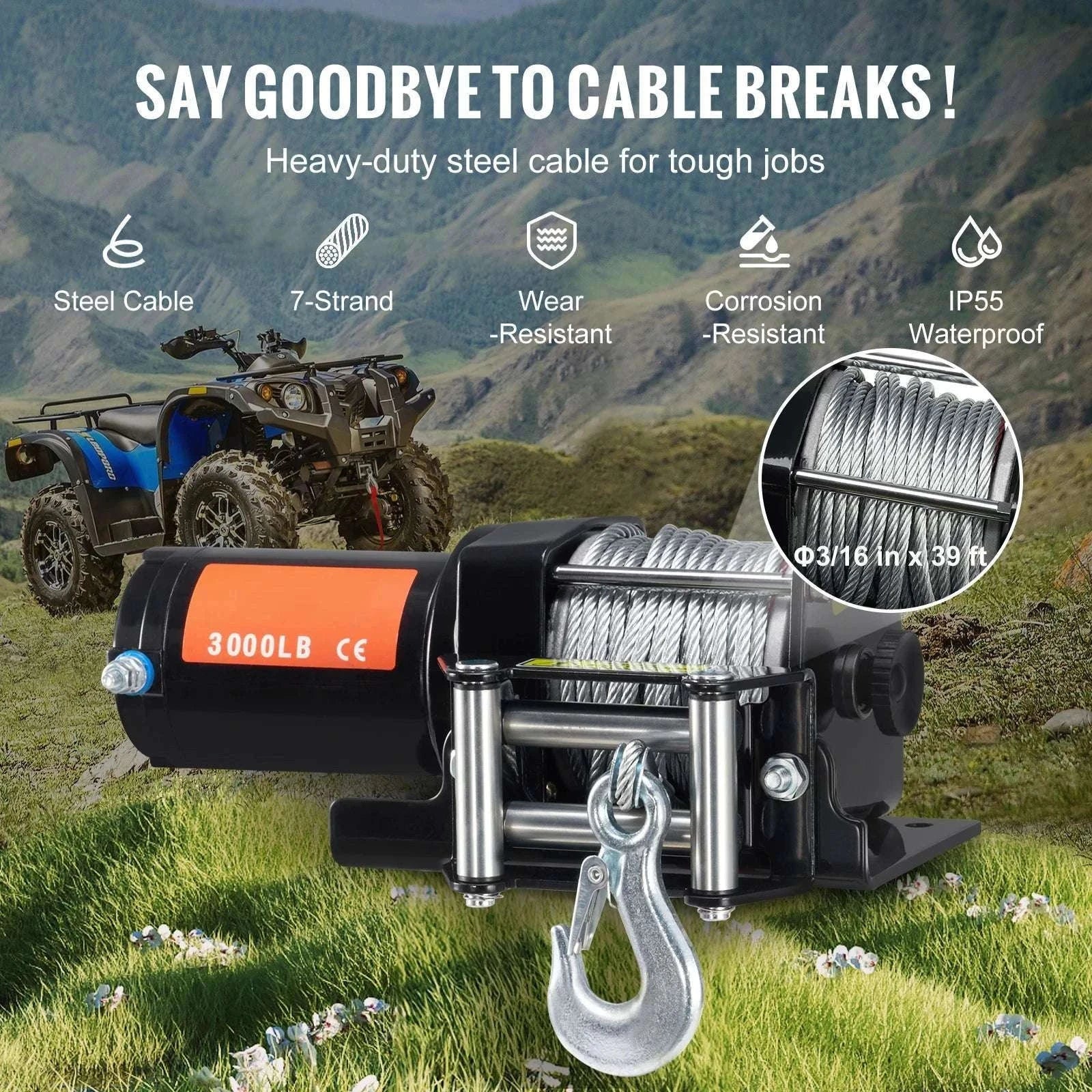 3000lb ATV/UTV Electric Winch with 39ft Steel Cable & Remote - Image 4