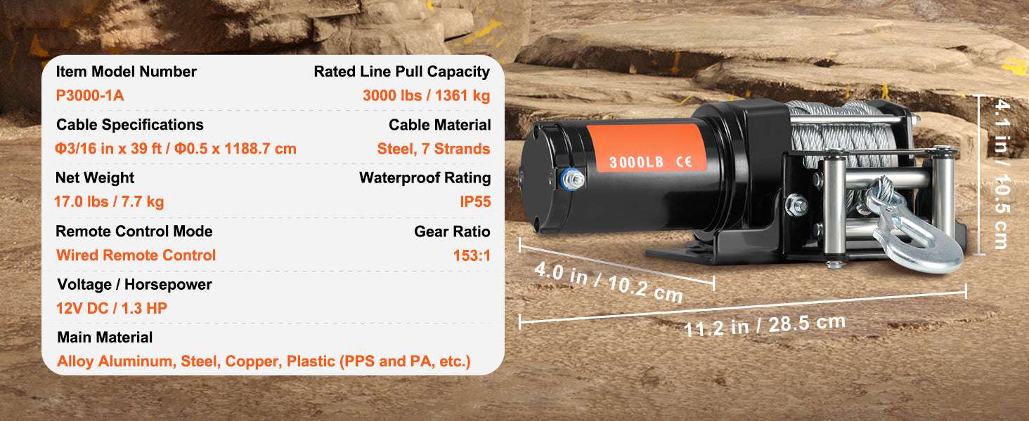 3000lbs ATV Electric Winch with 12V Motor & 39ft Steel Cable - Image 13