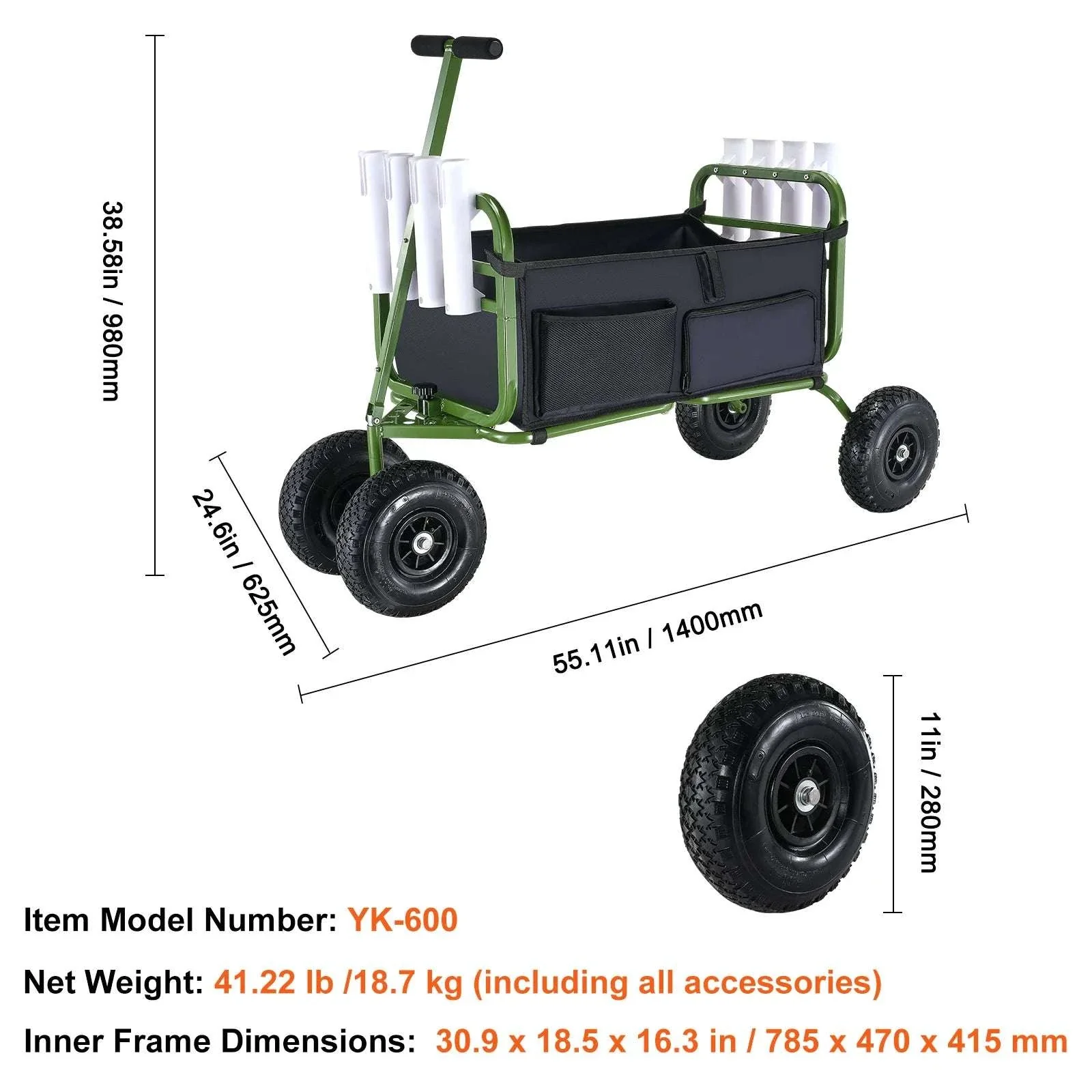 Beach Fishing Cart with 300lb Capacity, 11" Wheels & 8 Rod Holders - Image 14