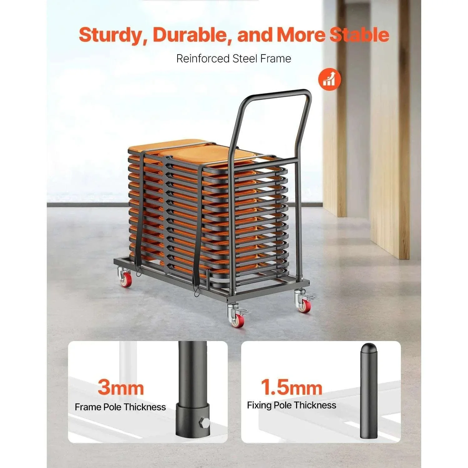Folding Chair Rack Cart Holds 25 Chairs 300LB Capacity Dolly - Image 3