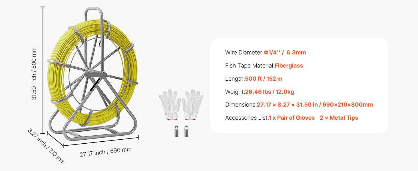 Fiberglass Fish Tape 328/500 ft 1/4" Cable Puller with Stand - Image 18