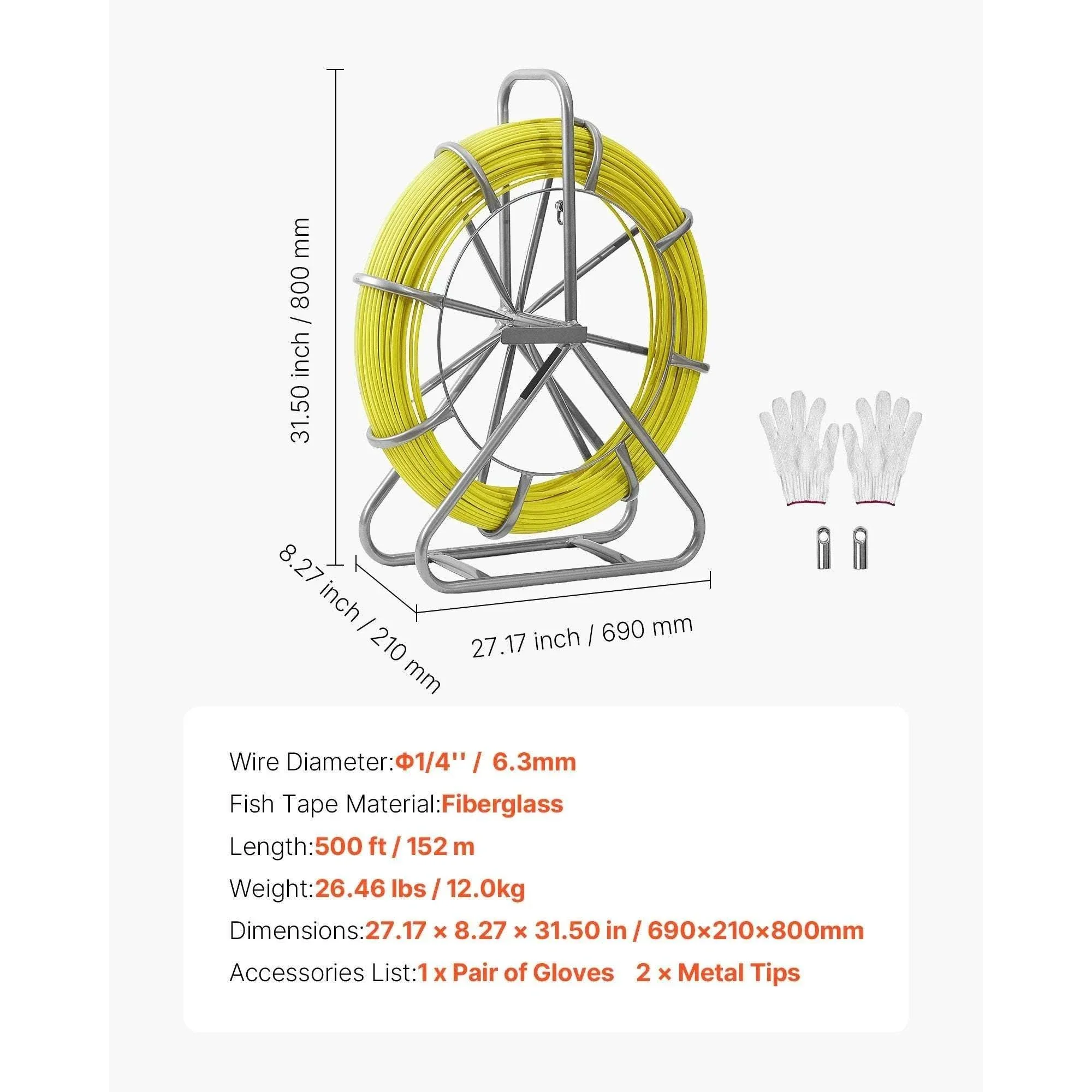 Fiberglass Fish Tape 328/500 ft 1/4" Cable Puller with Stand - Image 20