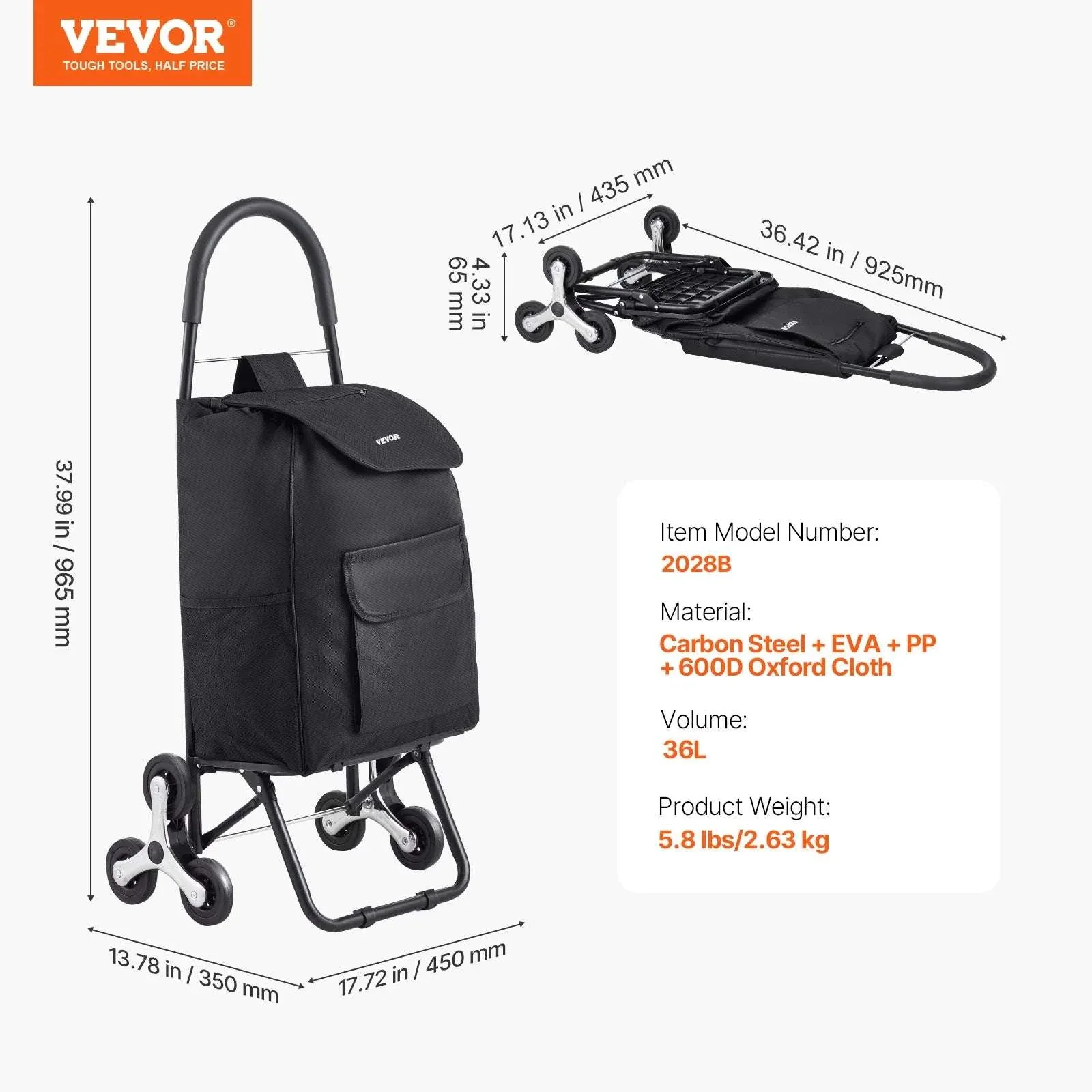 Stair Climbing Folding Grocery Cart 36L 110lbs Heavy Duty Trolley - Image 14