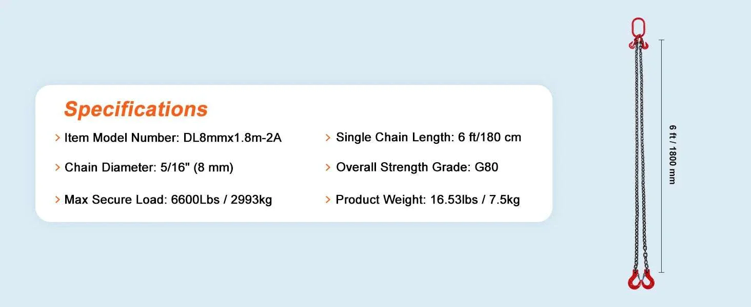 3T Chain Sling 6ft G80 Lifting Chains with Dual Grab Hooks - Image 13