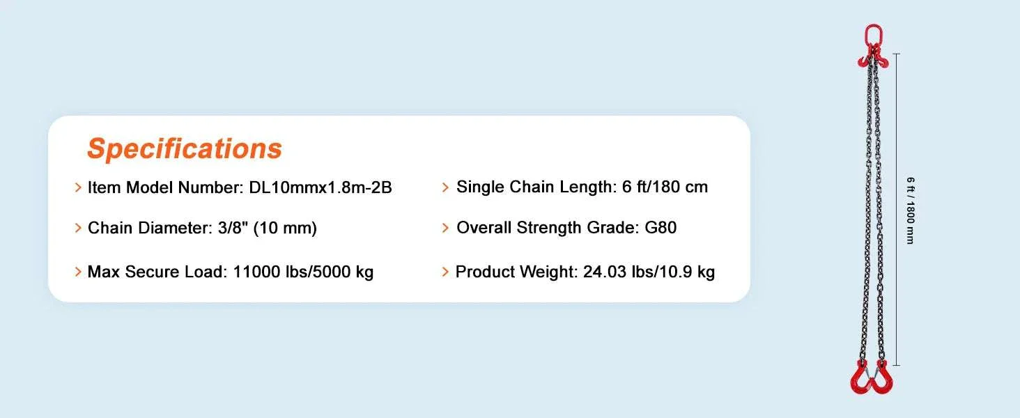 3T Chain Sling 6ft G80 Lifting Chains with Dual Grab Hooks - Image 14