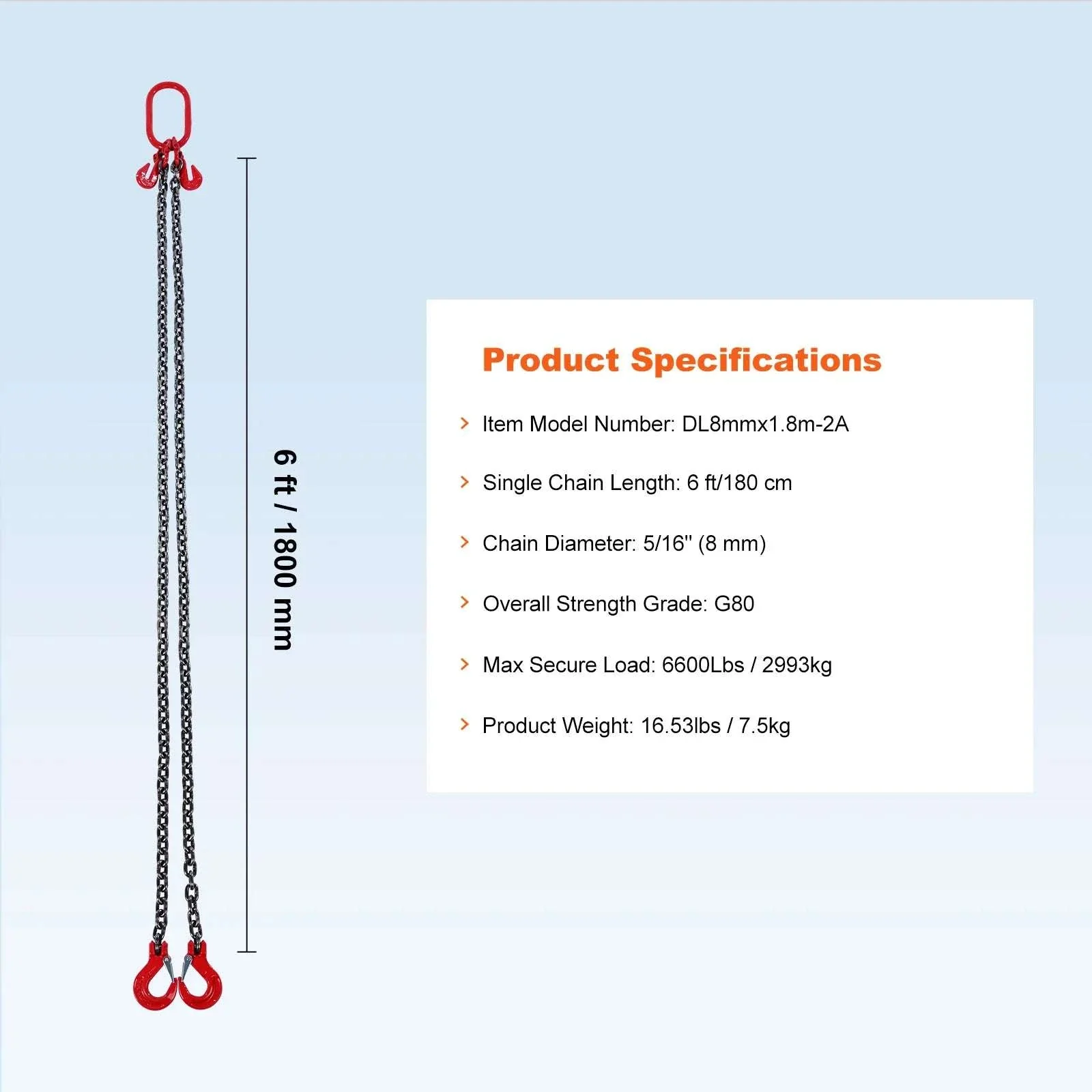 3T Chain Sling 6ft G80 Lifting Chains with Dual Grab Hooks - Image 16