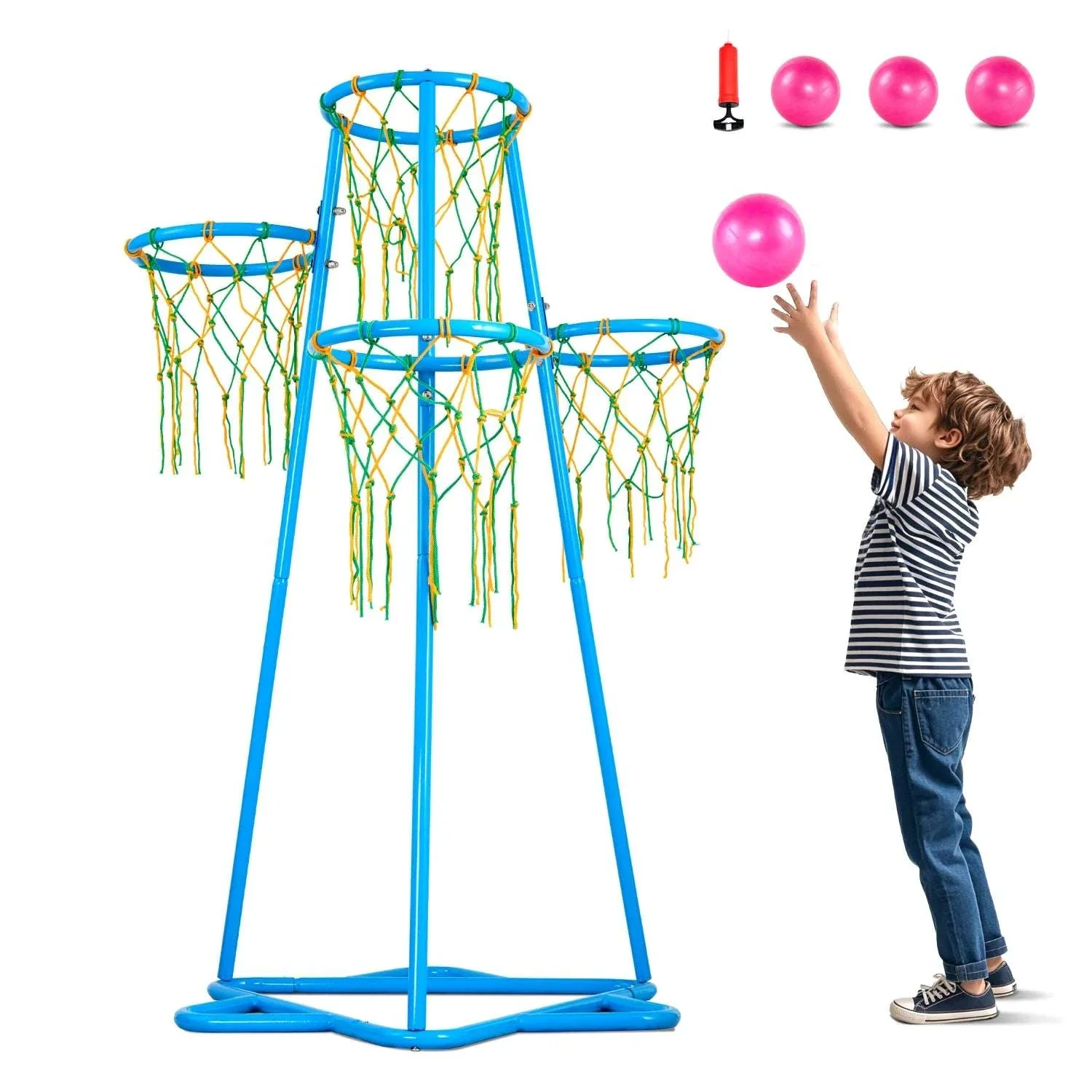 Kids 4-Hoop Basketball Stand with Adjustable Heights & 3 Balls