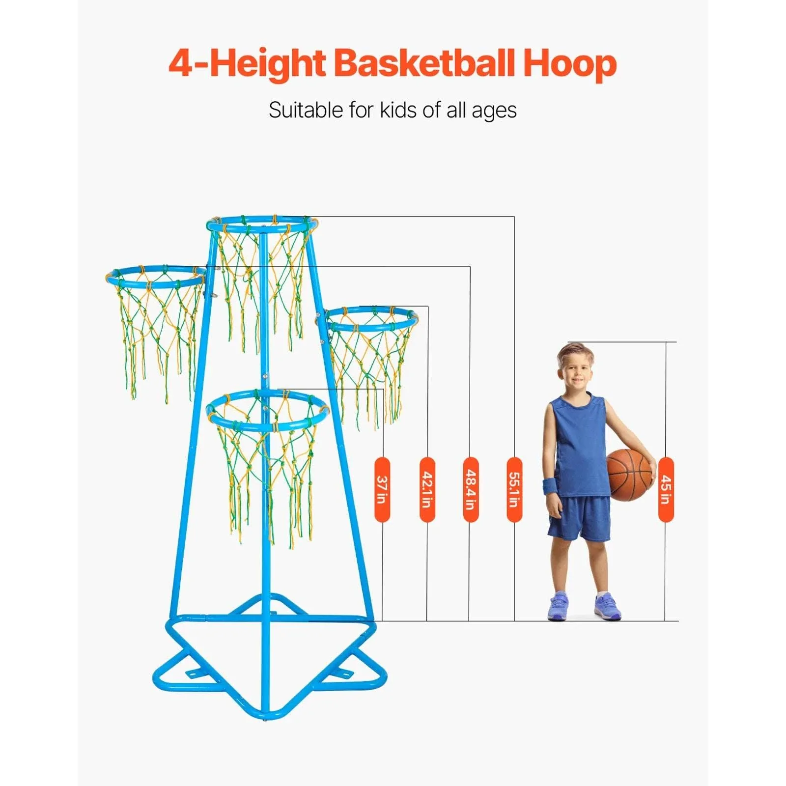 Kids 4-Hoop Basketball Stand with Adjustable Heights & 3 Balls - Image 2