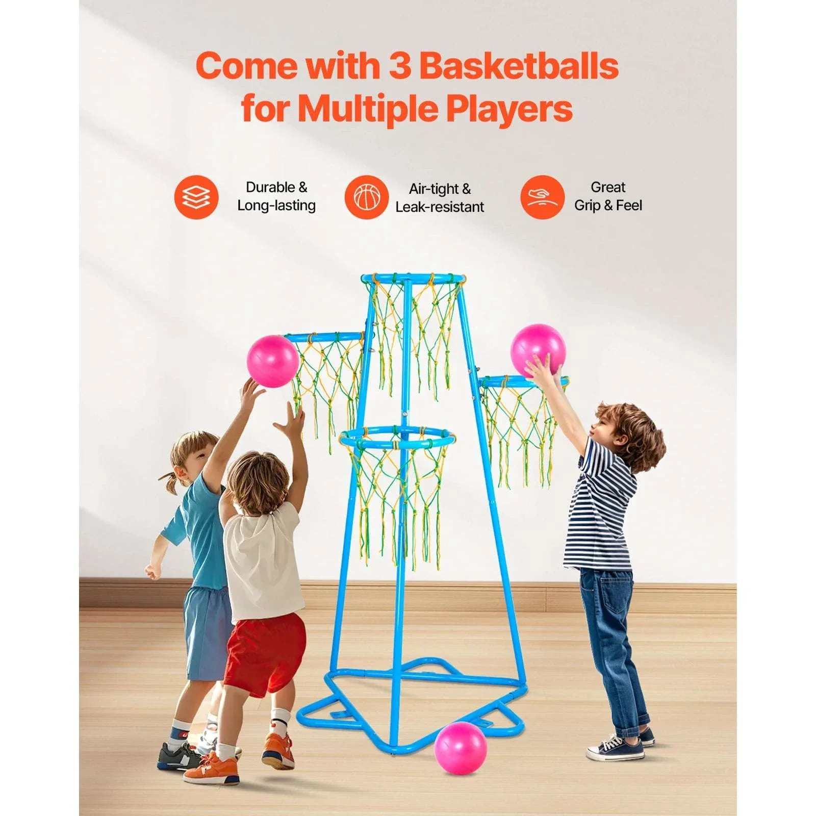 Kids 4-Hoop Basketball Stand with Adjustable Heights & 3 Balls - Image 5