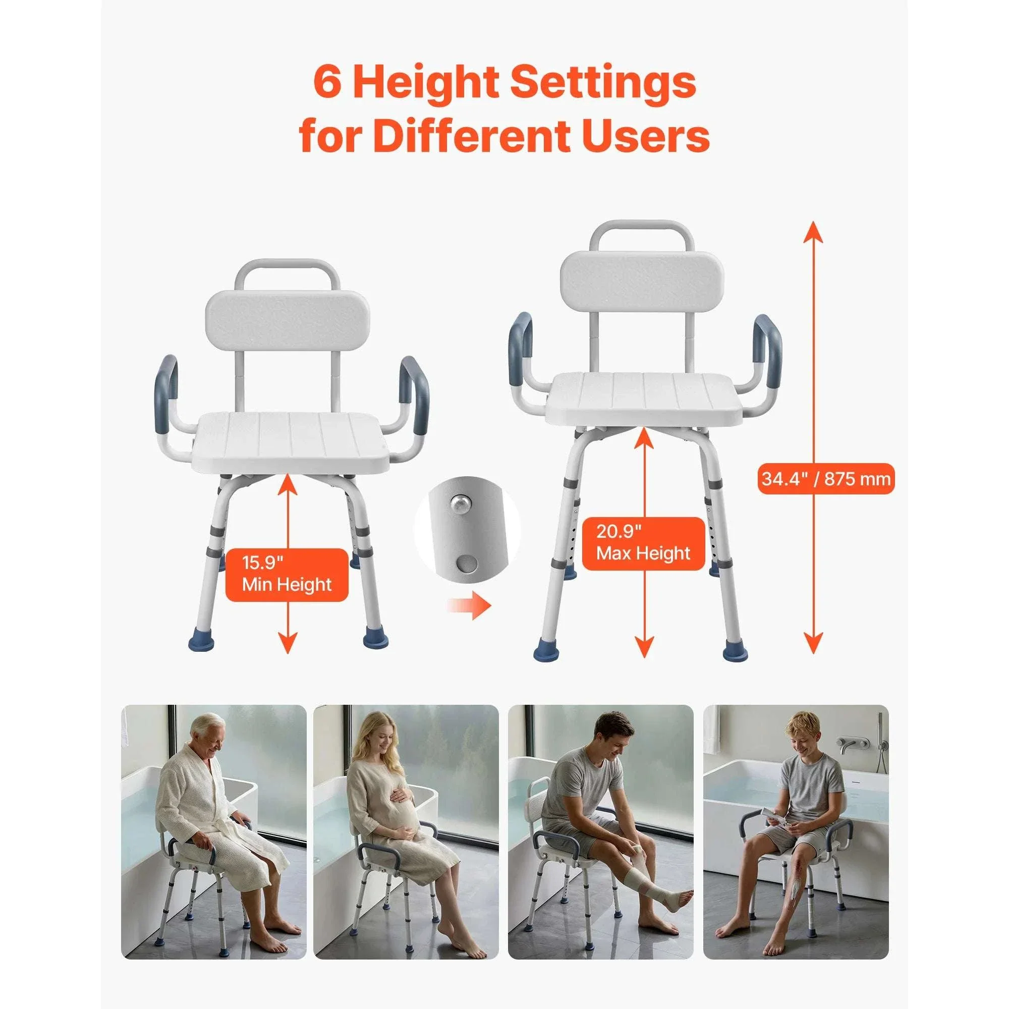360° Rotating Shower Chair with Arms, Back & Adjustable Height - Image 3