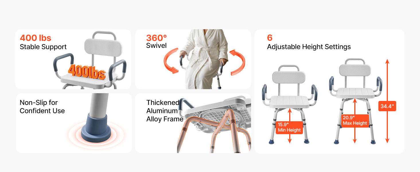 360° Rotating Shower Chair with Arms, Back & Adjustable Height - Image 9