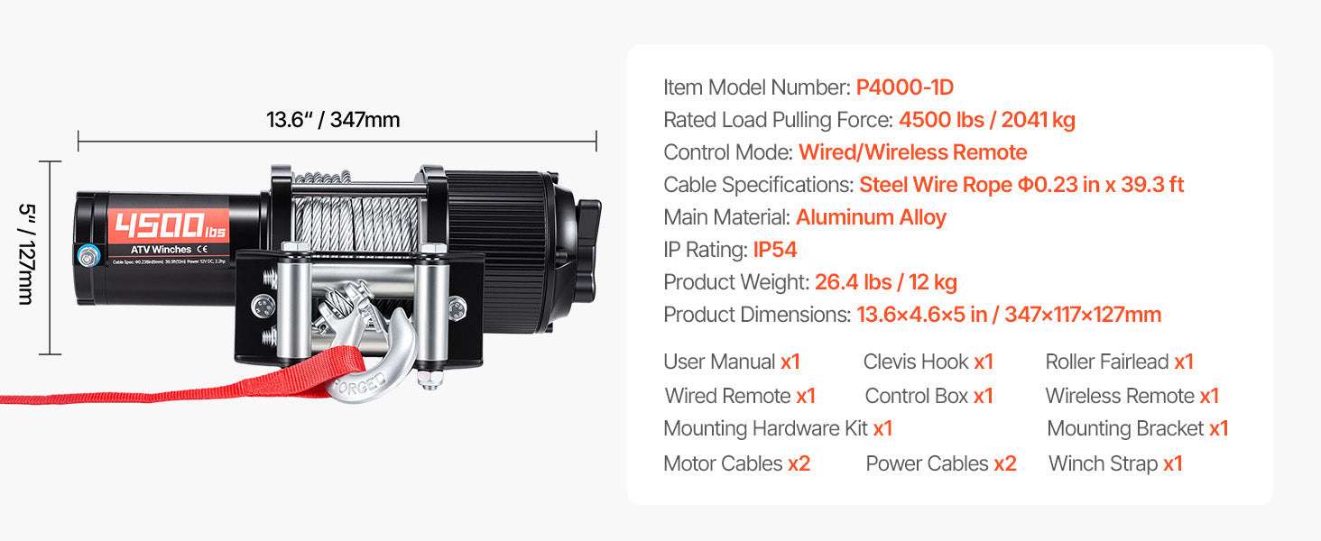 4500LBS 12V ATV/UTV Electric Winch with Steel Cable & Remote Control - Image 18