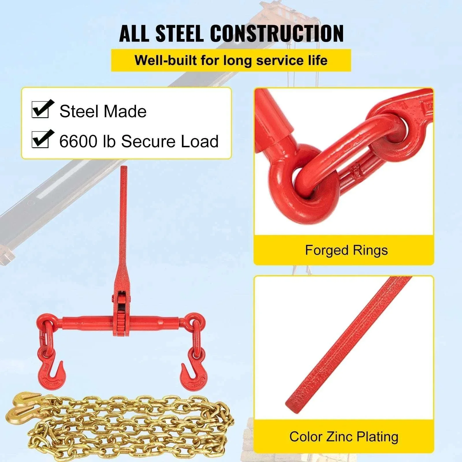 4PCS Chain Load Binder Kit 5/16" 6600 lb Tie Down with Hooks - Image 3