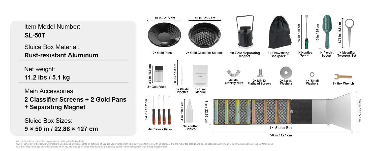 50" Gold Panning Kit with Sluice Box & 23 Tools for Prospecting - Image 15