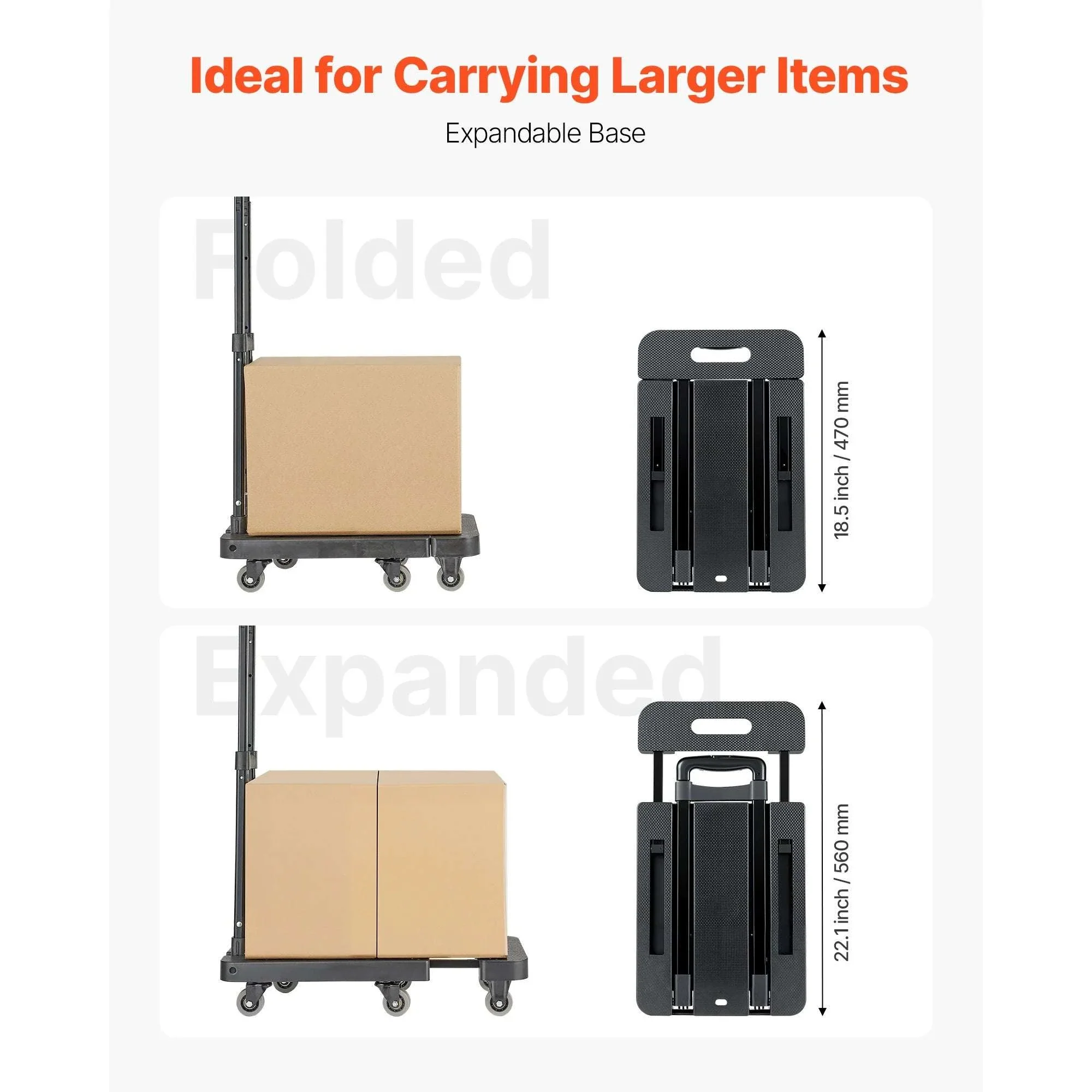 500LB Folding Hand Truck with Expandable Base and 6 Wheels - Image 4