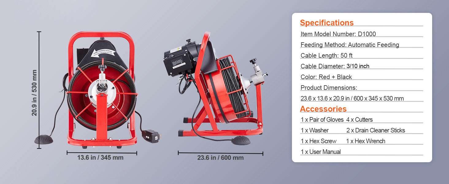50FT Electric Drain Cleaner Machine Auto Feed Sewer Snake Auger - Image 13
