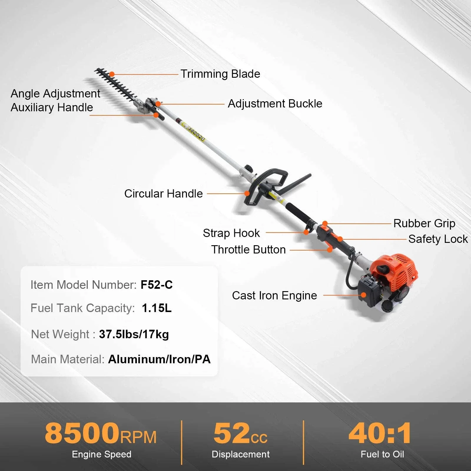 52CC 6-in-1 Gas Multi Tool Hedge Trimmer Brush Cutter Kit - Image 14