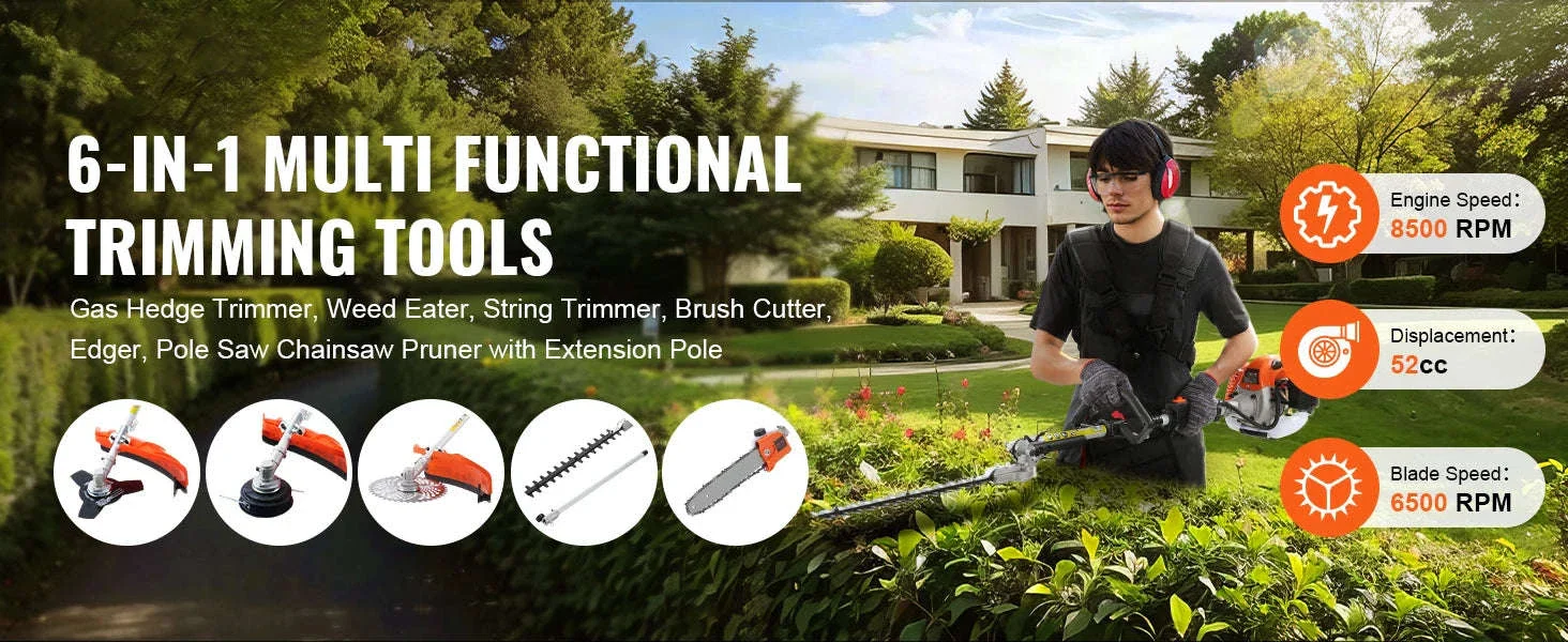 52CC 6-in-1 Gas Multi Tool Hedge Trimmer Brush Cutter Kit - Image 8