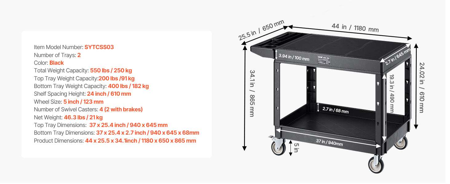 Heavy Duty 2-Tier Utility Cart with 550 lb Capacity & Swivel Wheels - Image 21