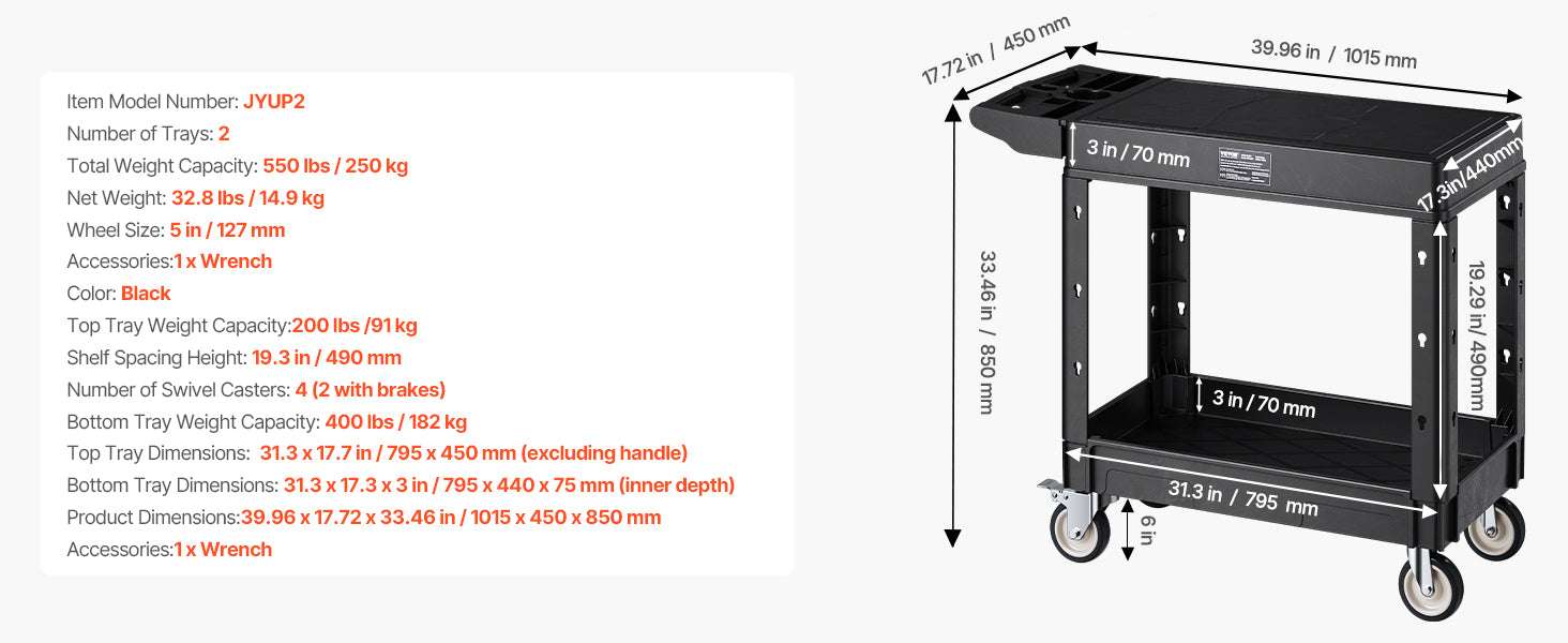 Heavy Duty 2-Tier Utility Cart with 550 lb Capacity & Swivel Wheels - Image 22